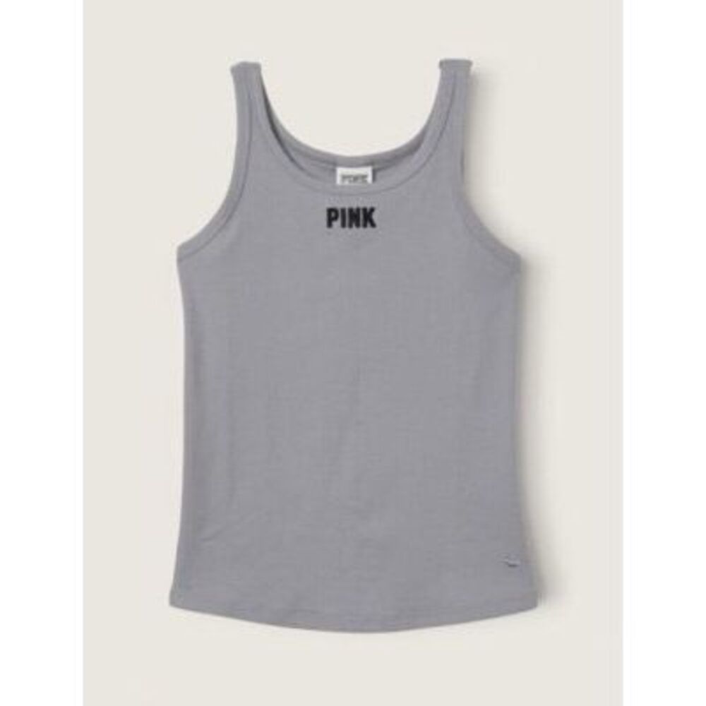 PINK VICTORIA’S SECRET Women’s Gray Ribbed Logo Tank Top Size Large